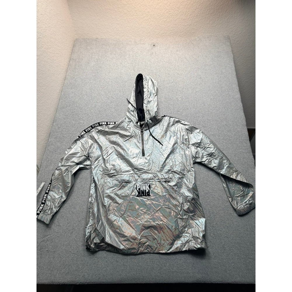 Pink Victorias Secret Silver Holographic Metallic Anorak Windbreaker Jacket ML